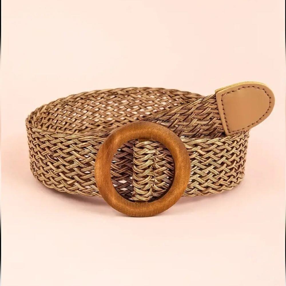 Classic Round Buckle Vegan Straw Belt Boho Brown Braided Wide Belt Fix Size S-L